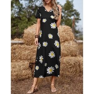 Women's M Black Maxi Dress Daisy Summer Floral Short Sleeve Satin Casual Cottage